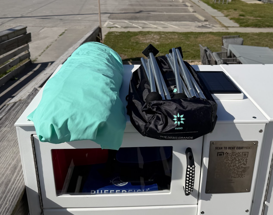 Shade tent and beach gear on locker