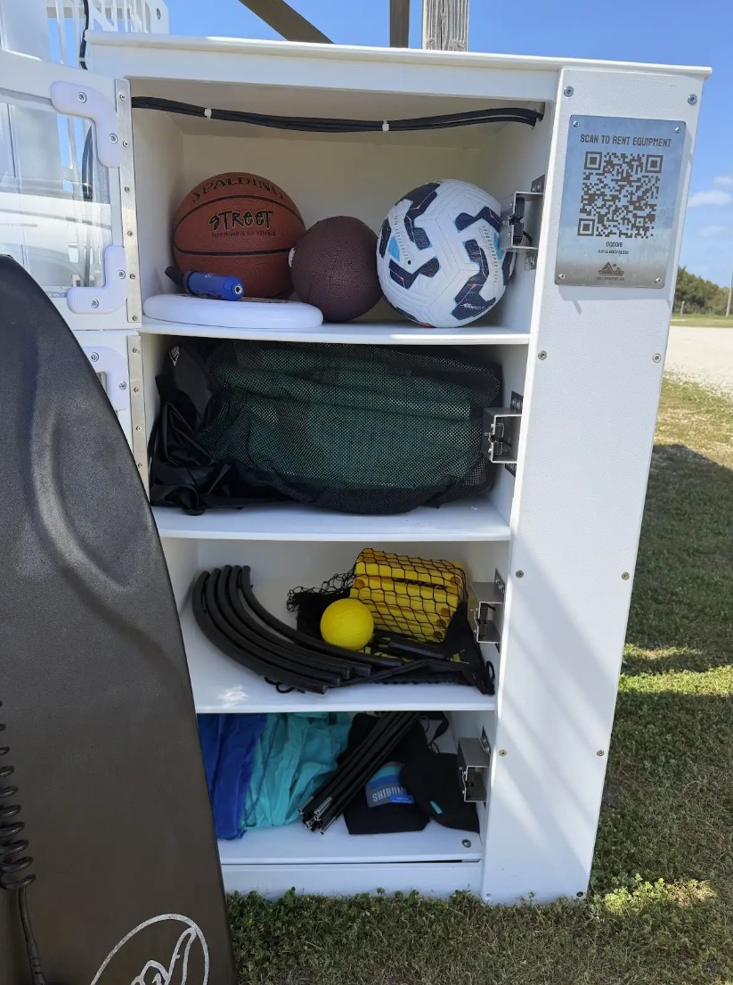 V2 locker open with sports gear